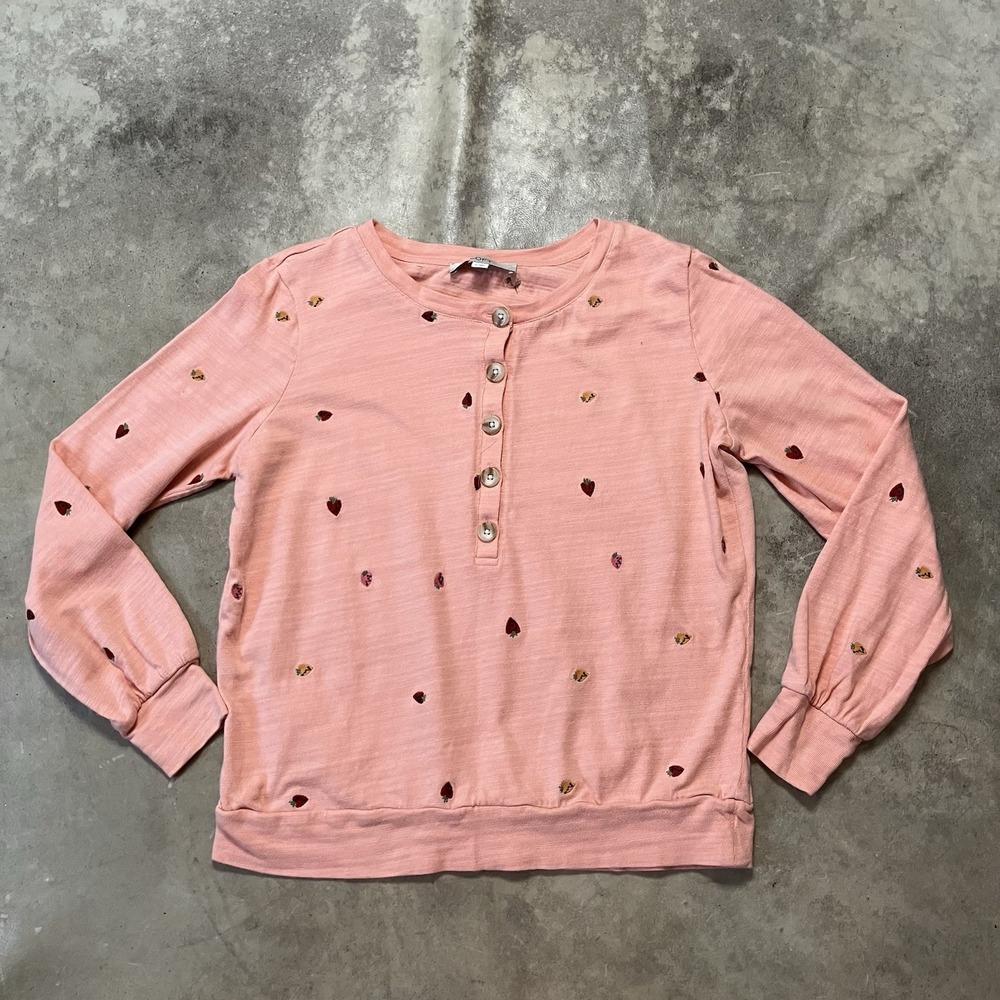 Loft Sweatshirt Womens Sz M Pink Embroidered Strawberry Henley City Femme Flair